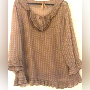 Bohemian 3/4 Sleeve Ruffle Trim Tie Yoke Semi-Sheer Blouse 18/20 Mocha Pattern